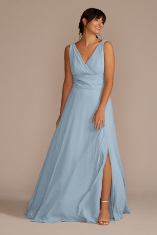 Simple Chiffon Bridesmaid Dress with Slit Dusty Blue Plus Size main image 1